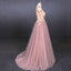 Pink V Neck Sleeveless Tulle Prom Dress with Appliques, A Line Tulle Evening Dress UQ2338