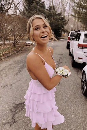 Spaghetti Straps Chiffon Mini Homecoming Dress, Simple V Neck Tiered Hoco Dress UQH0131