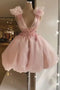 A Line V Neck Pink Organza Homecoming Dresses With Beading Short Cocktail Dresses UQH0098