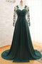 Dark Green Long Sleeves Long Evening Dress with Appliques, Long Prom Dress with Sleeves UQ1929