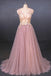 Pink V Neck Sleeveless Tulle Prom Dress with Appliques, A Line Tulle Evening Dress N2338