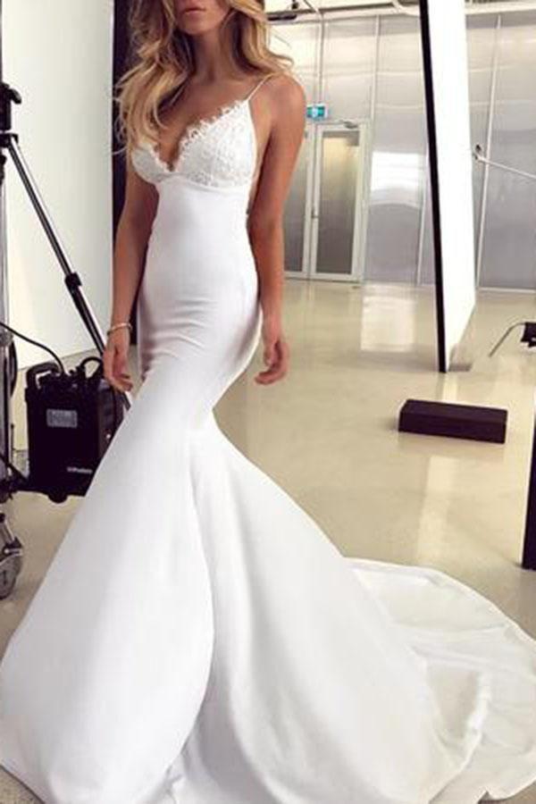 Spaghetti Straps Mermaid Wedding Dress with Lace Appliques, Backless Bridal Dresses UQ2508