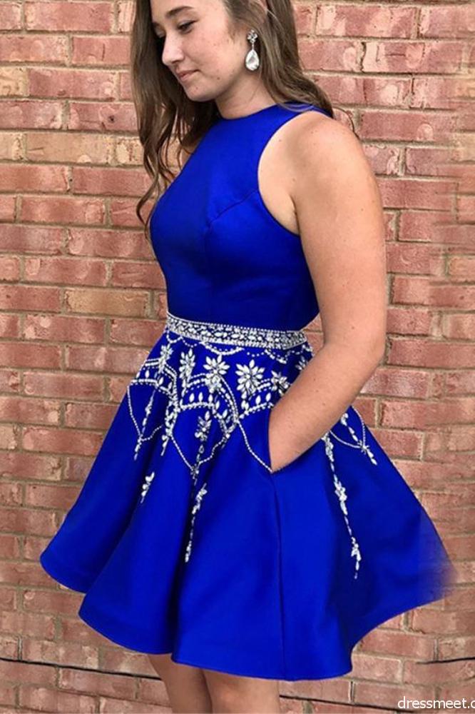 Royal Blue Simple Short Homecoming Dress with Beading, A Line Sleeveless Satin Prom Dress N2010