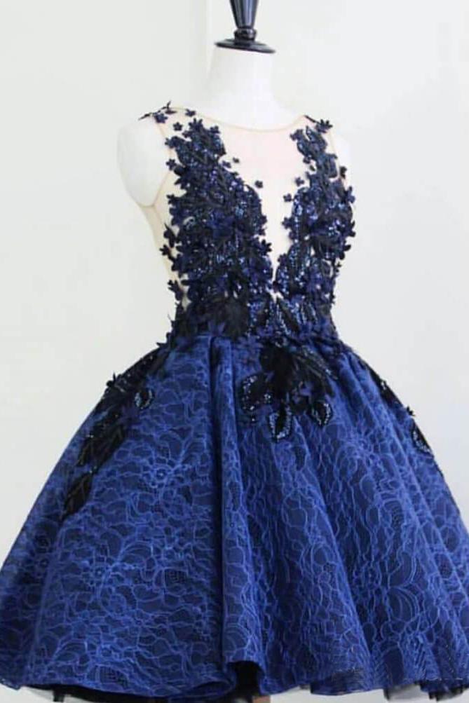 Royal Blue Sleeveless Lace Homecoming Dress, A Line Short Graduation Dress with Appliques UQ2052