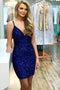 Royal Blue Sequins V Neck Sheath Mini Party Dress, Spaghetti Straps Sequin Formal Dress UQ2111