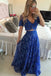 A Line V-neck Two piece Lace Short Sleeves Royal Blue Prom Evening Dress UQP0151