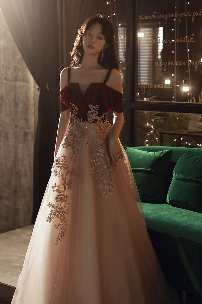 Vintage A Line Burgundy Straps Tulle Formal Dress, Elegant Applique Prom Dress UQP0145