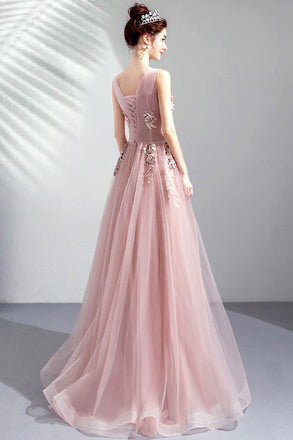 Pink Embroidery Beaded Tulle Long Prom Gown with Rhinestone, Party Dress UQP0069