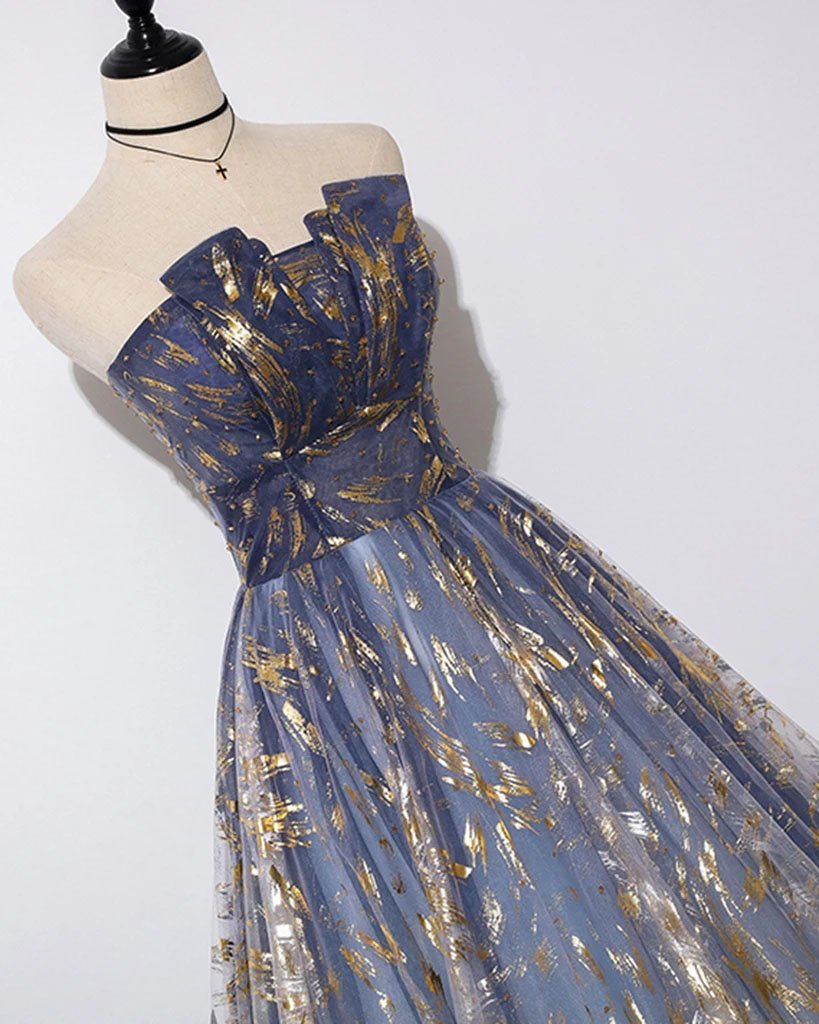 A Line Blue Tulle Strapless Long Prom Dress, Floor Length Graduation Dresses UQ2553