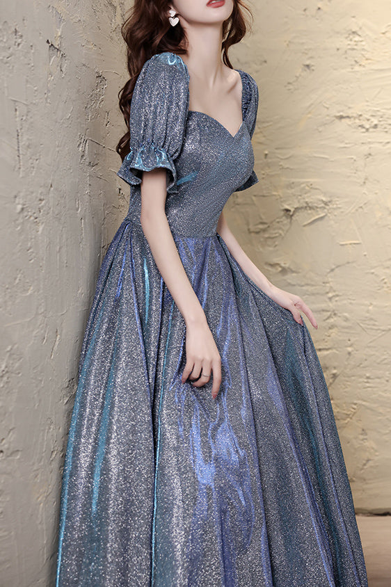 Sparkly Blue Floor Length Prom Dress with Short Sleeves, Glitter Eveni