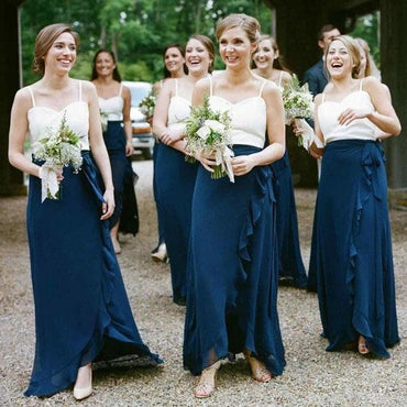 Spaghetti Straps Chiffon Long Bridesmaid Dresses with Ruffles, Unique Bridesmaid Dress UQ2366