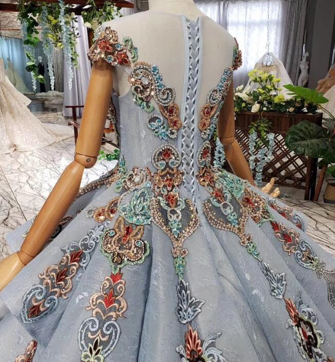 Ball Gown Blue Cap Sleeve Long Prom Dresses, Lace up Beading Quinceanera Dresses UQ1997