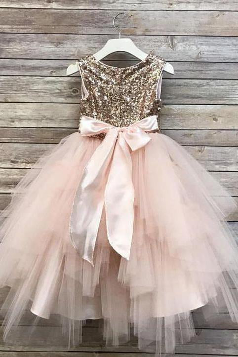 Princess A Line Sequin Round Neck Cute Tulle Baby Flower Girl Dress, Sparkly Dresses UF055