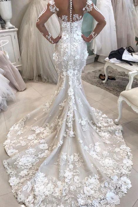 Stunning Long Sleeves Appliqued Mermaid Wedding Dress with Long Train UQ1797