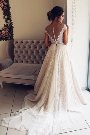 A-Line Scalloped-Edge Lace Wedding Dress with Sheer Back, Ivory Tulle Bridal Dress UQ1766
