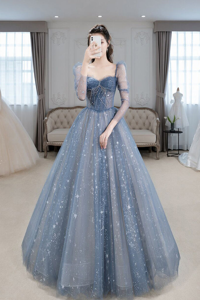 Blue Sparkly Tulle Prom Dress with Long Sleeves, New Style Long Dress ...
