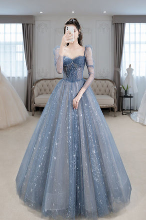 Blue Sparkly Tulle Prom Dress with Long Sleeves, New Style Long Dress with Beading UQP0208