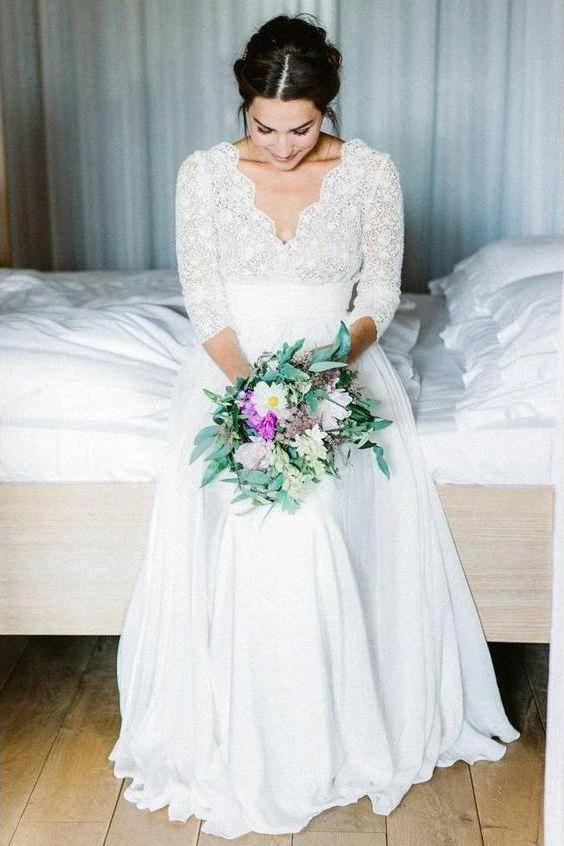 Floor Length 3/4 Sleeves Chiffon Beach Wedding Dress with Lace, Backless Bridal Dress UQ2016