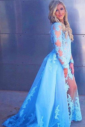 Long Sleeve Prom Dress with Lace Appliques, Long Formal Dress with Lace UQ1857