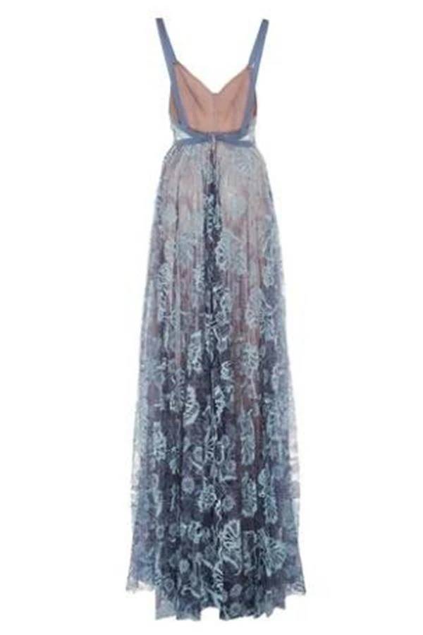 Elegant Blue Lace Prom Dresses Spaghetti Straps Backless Party Dress UQP0039