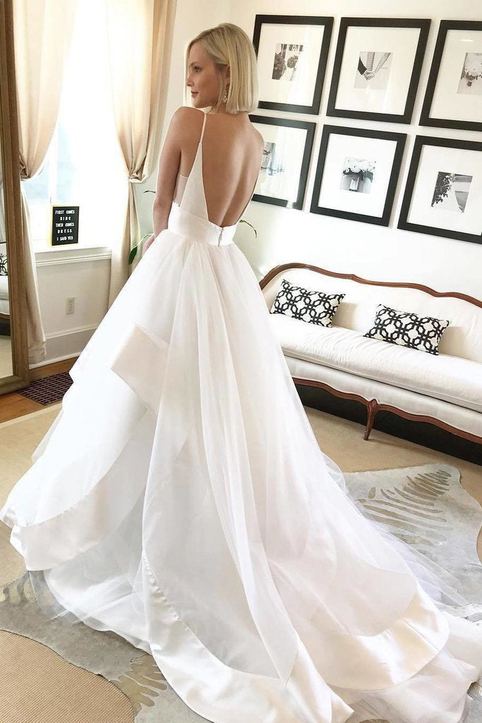 White Sapghetti Straps Beach Wedding Dress, Simple Boho Wedding Gowns UQ1790