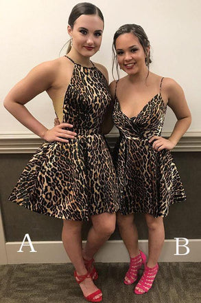 Mini Homecoming Dress with Leopard Print, Unique Sleeveless Short Prom Dress UQ1849