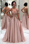 A Line Sheer Neck Long Prom Dress with Beads, Appliqued Long Evening Dress with Sheer Back UQ1815