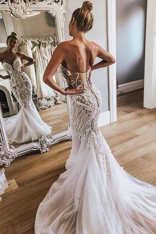 Gorgeous Strapless Tulle Mermaid Wedding Dresses, Long Bridal Dress wi – Uniquedresss Gorgeous Strapless Tulle Mermaid Wedding Dresses, Long Bridal Dress wi – Uniquedresss