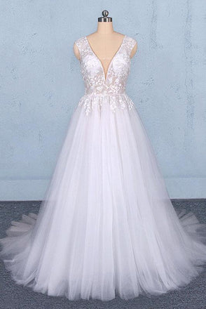 V Neck Tulle Wedding Dress with Lace Appliques, A Line Backless Bridal Dress UQ2287