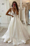 A Line V Neck Satin Wedding Dress, Ivory Long Bridal Dress Gown with Lace Applique UQW0035