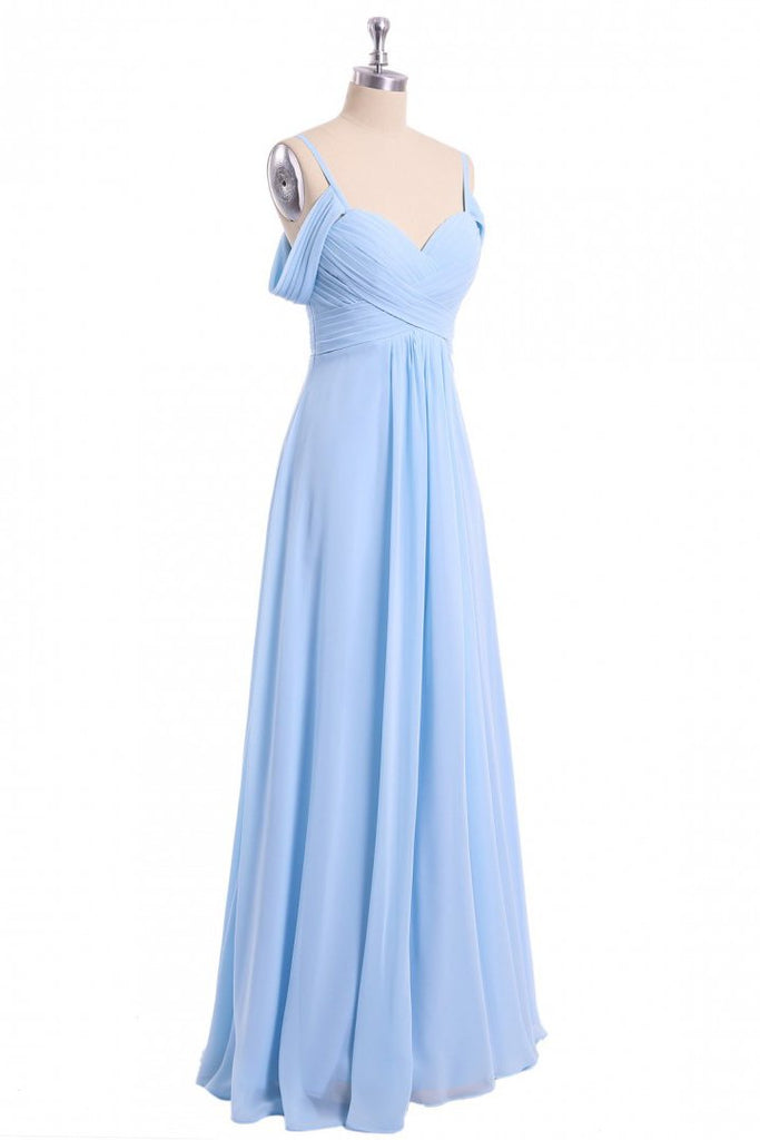 Light Sky Blue Off Shoulder Spaghetti Strap Chiffon Dresses, Floor Length Formal Dress UQ2057