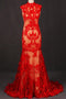 Red Sleeveless High Neck Sleeveless Evening Dress Lace Tulle Prom Dresses UQ2331