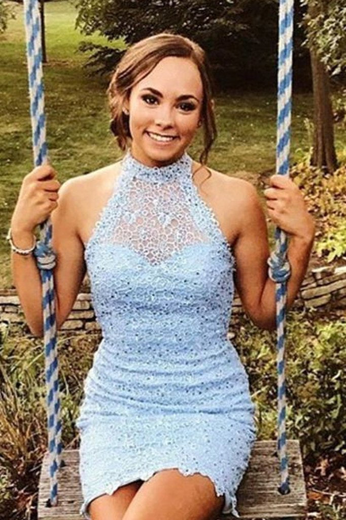 Pale Blue Lace Beads Sheath Tight Homecoming Dresses, Sheath Short Par Uniquedresss Pale Blue Lace Beads Sheath Tight Homecoming Dresses, Sheath Short Par Uniquedresss
