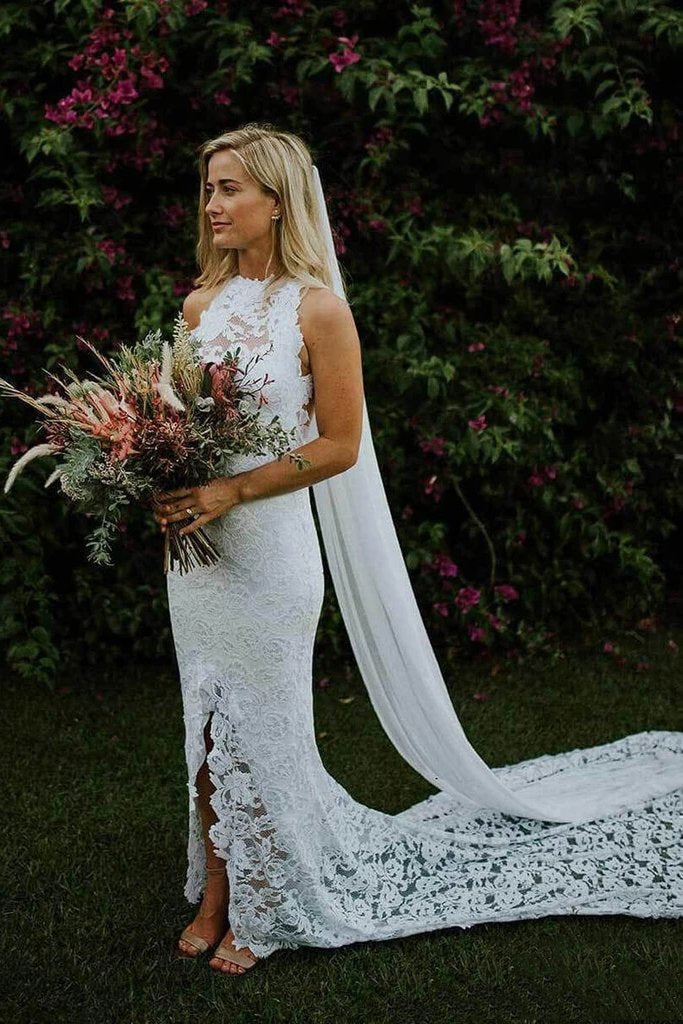 Sheath Boho Lace Bridal Gown with Slit Mermaid Wedding Dresses with Long Train UQ2256