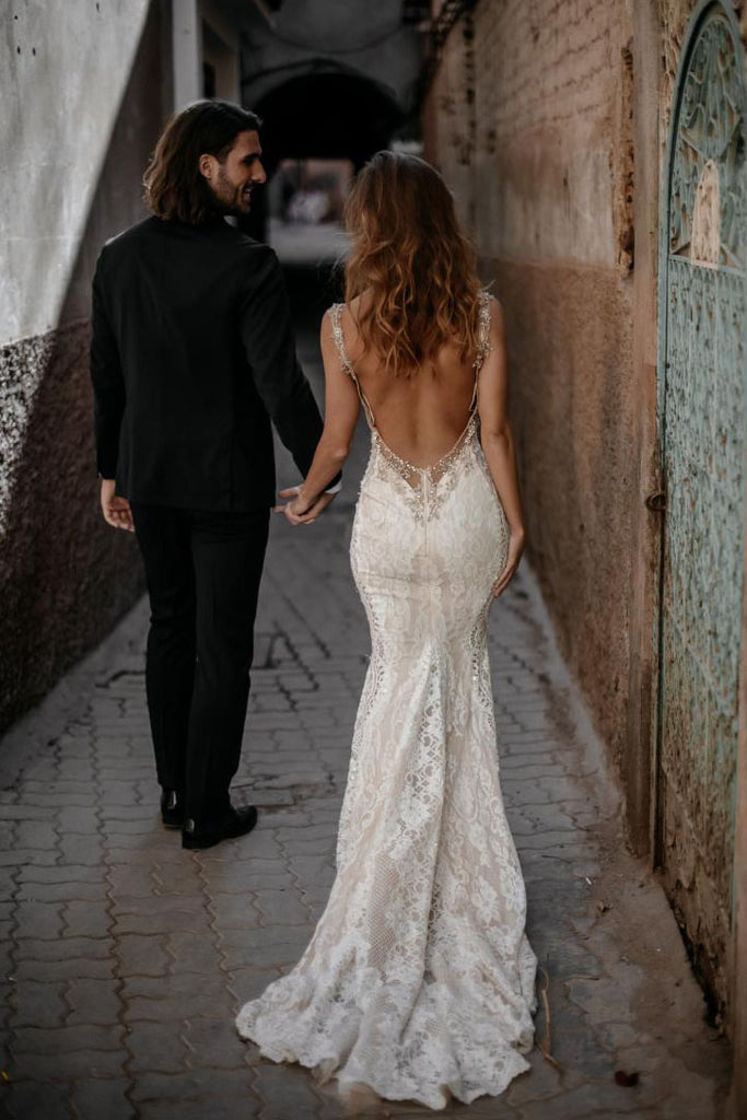 Mermaid Sheer Neck Sleeveless Lace Wedding Dress, Backless Bridal Gown Uniquedresss Mermaid Sheer Neck Sleeveless Lace Wedding Dress, Backless Bridal Gown Uniquedresss