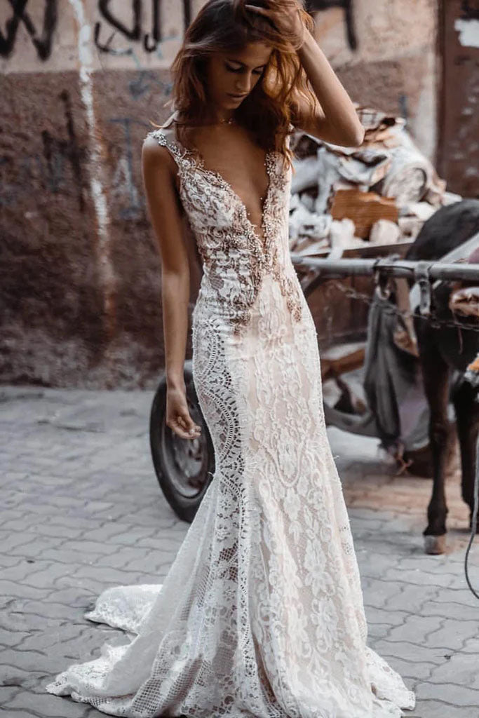 Mermaid Sheer Neck Sleeveless Lace Wedding Dress, Backless Bridal Gown UQW0074