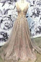 Spaghetti Straps V Neck Long Prom Dress with Lace Appliques, Glitter Long Formal Dress UQ2455