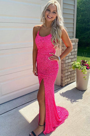 Sparkly Mermaid Sequined Sleeveless Long Prom Dress with Slit, Long Formal Gown UQP0133