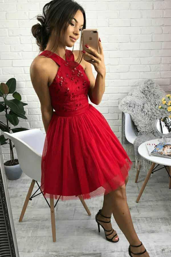 Cute Red Tulle Short Homecoming Dress with Beading, A Line Sweetheart Short Prom Dress N1754