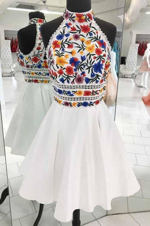 Unique White High Neck Short Prom Dresses, A Line Sleeveless Short Homecoming Dress N1718