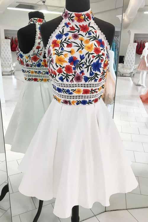 Unique White High Neck Short Prom Dresses, A Line Sleeveless Short Homecoming Dress UQ1718