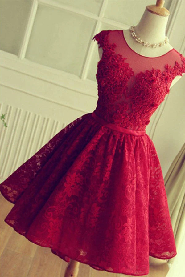 Red Short Lace Homecoming Dresses, Knee-length Prom Dresses UQH0070