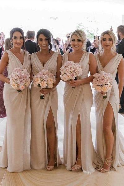 Simple V Neck Sleeveless Sheath Pleated Long Bridesmaid Dresses with Slit UQ2071