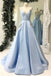 Light Blue V Neck Floor Length Satin Prom Dress with Pockets, Long Formal Dress UQ2038
