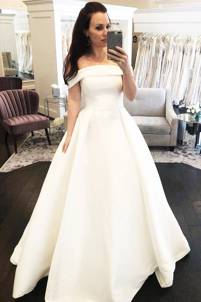 Simple A-Line Off the Shoulder Button Covered Long Wedding Dress, Bridal Dress UQ1768