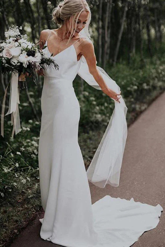 Simple V Neck Long Mermaid Wedding Gown Cheap Bridal Dresses UQW0087