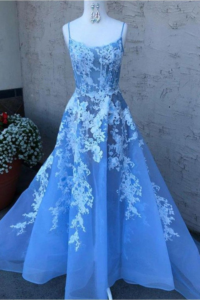 Blue Spaghetti Straps Prom Dress with Lace Appliques, A Line Long Graduation Dress UQ1746