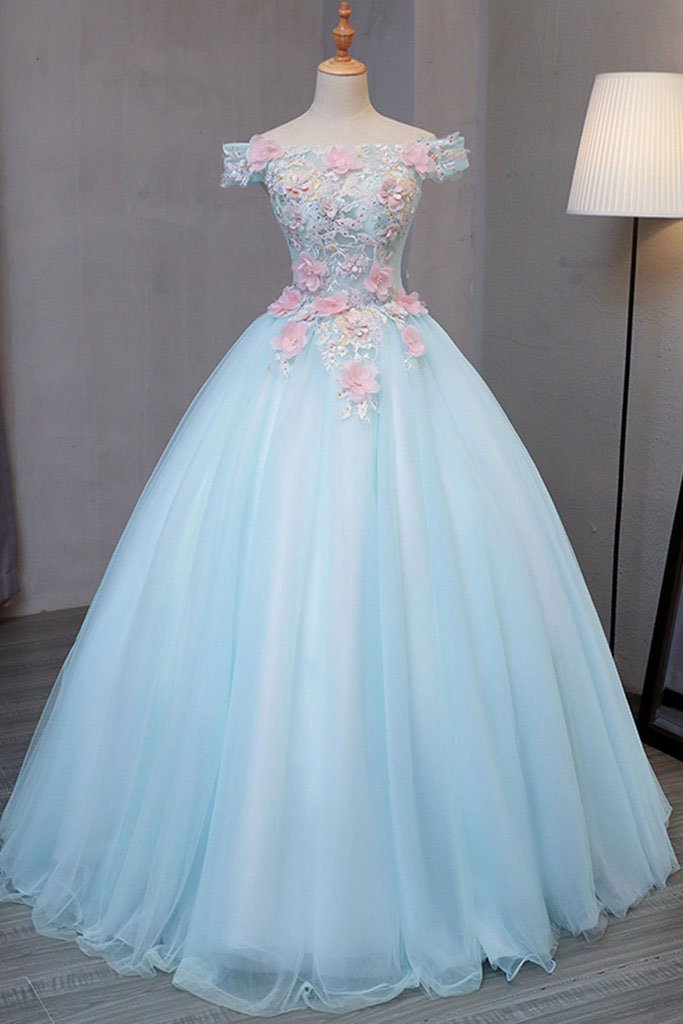 Sky Blue Tulle Princess Off Shoulder Long Prom Dress, Quinceanera Dressses with Flowers N1831