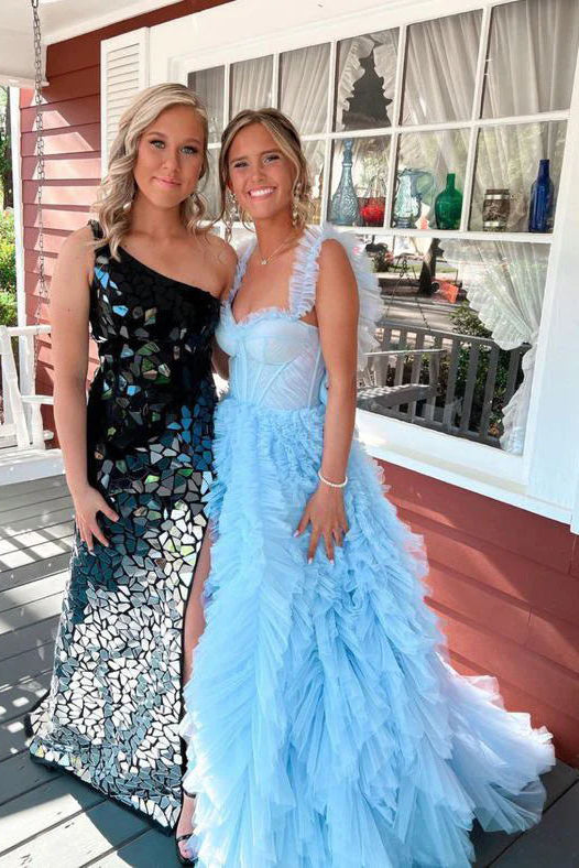 Sky Blue New Style Long Prom Dress, A Line Puffy Sleeveless Party Dres ...