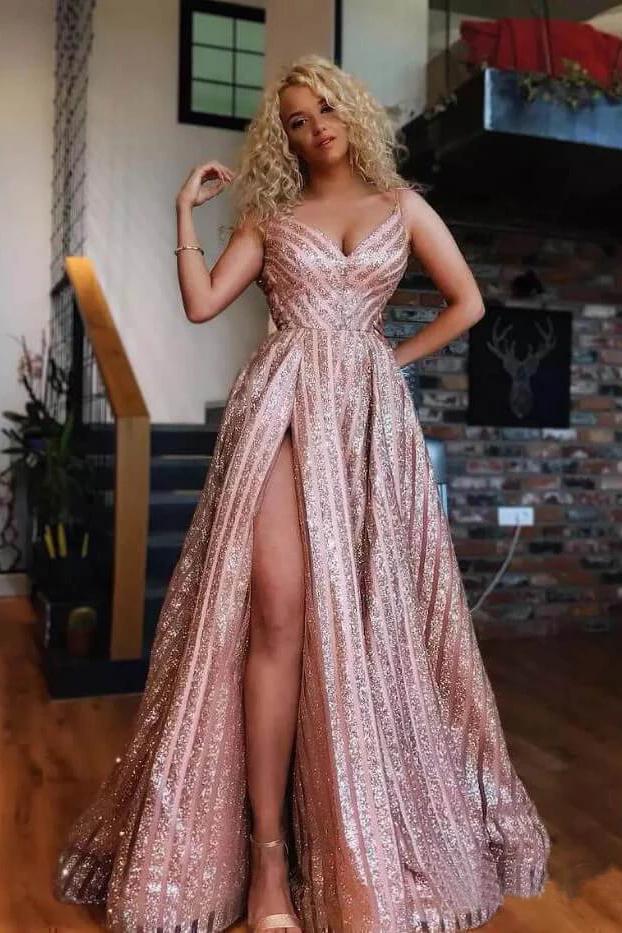 Spaghetti Strap V Neck Rose Gold Sequins Prom Dresses Sexy Side Slit Prom Dresses N2047